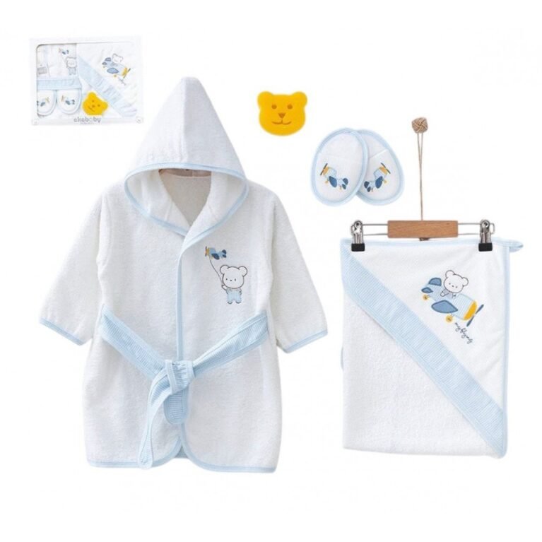 طقم حمام بيبي 4 قطع رسمة دب وطيارة - ازرق