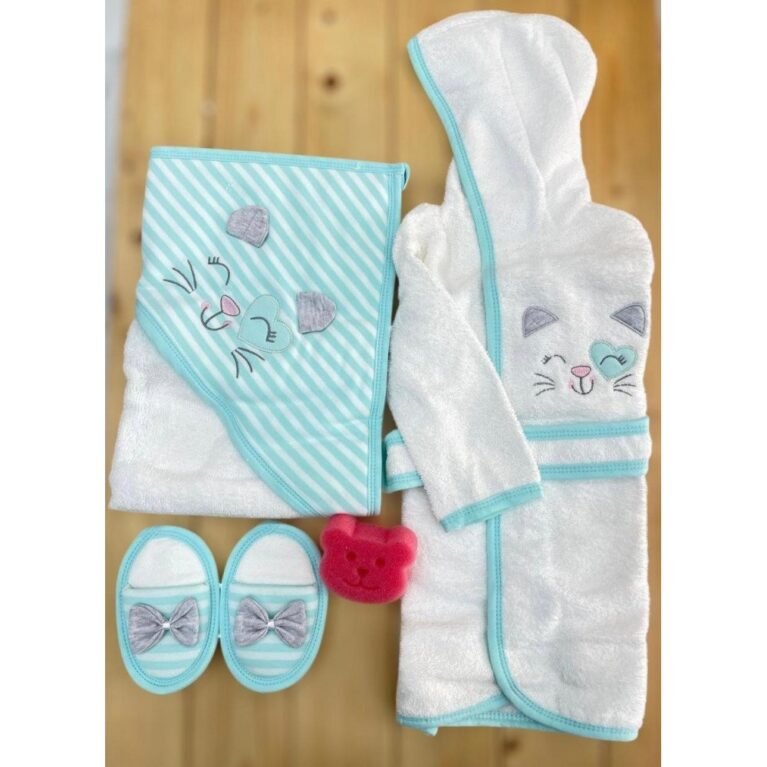 طقم حمام بيبي 4 قطع رسمة قطة - لون تركواز